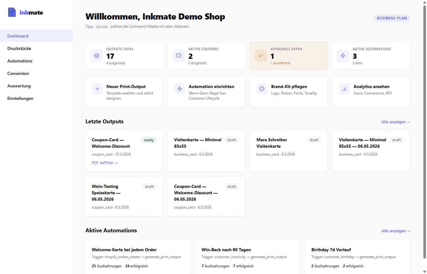 Inkmate-Dashboard mit Quick-Stats + Top-Outputs + aktive Automations